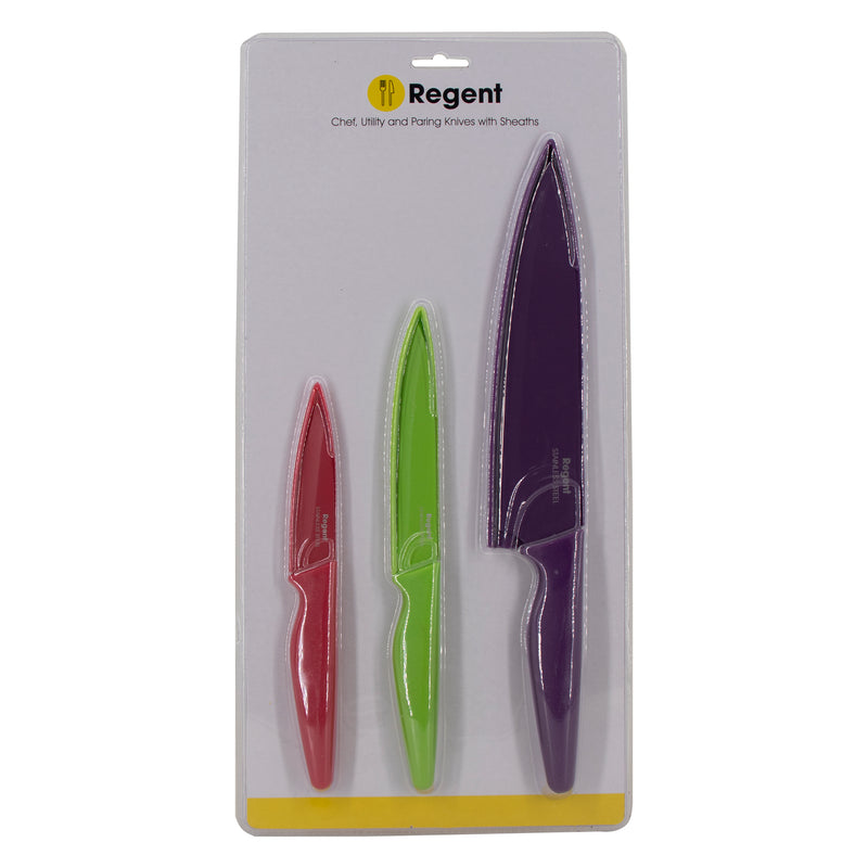 REGENT KITCHEN CHEF, UTILITY, PARING COLOURED KNIVES WITH SHEATHS 3PCS SET, (325MM l 240MM l200MM)