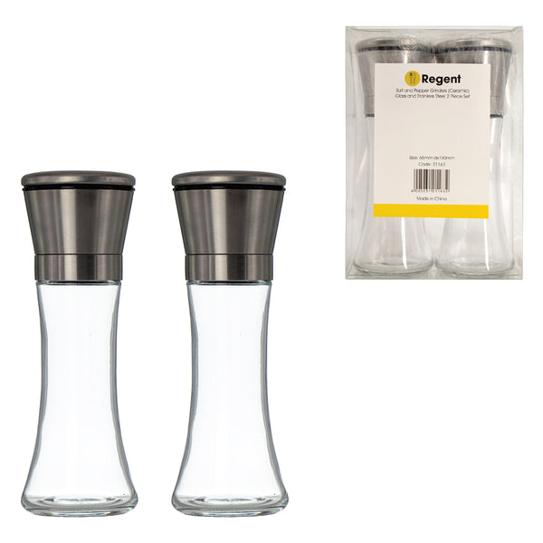 REGENT GLASS SALT AND PEPPER GRINDERS WITH ST.STEEL TOPS 2PC SET, (65MM DIAX190MM)