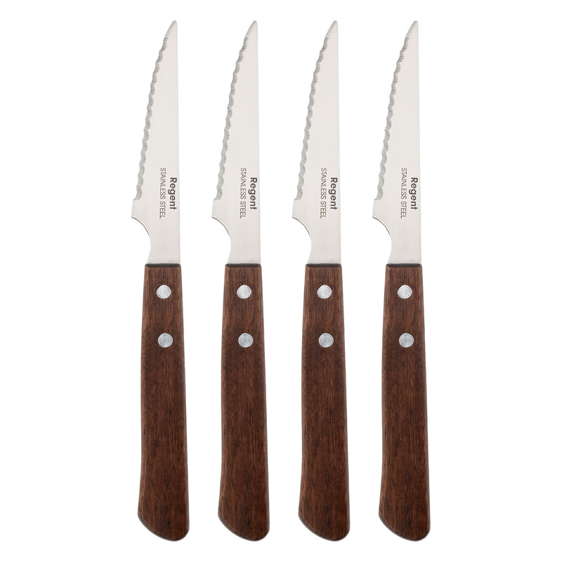 REGENT KITCHEN STEAK KNIVES WITH WOODEN HANDLES 4PCE SET, (222X21X10MM)