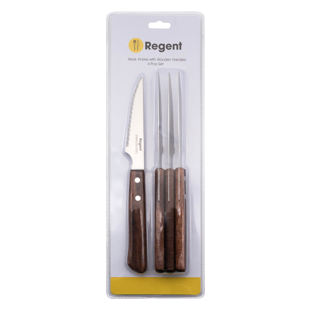 REGENT KITCHEN STEAK KNIVES WITH WOODEN HANDLES 4PCE SET, (222X21X10MM)