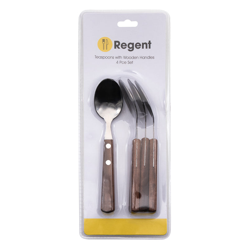 REGENT KITCHEN TEASPOONS WITH WOODEN HANDLES 4PCE SET, (162X35X8MM)