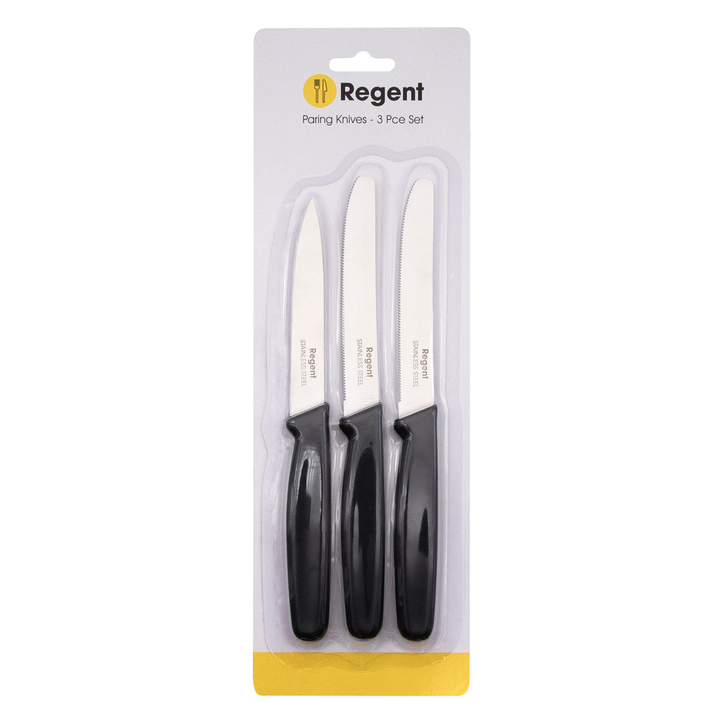 REGENT KITCHEN PARING KNIVES WITH BLACK HANDLES 3 PIECE SET, (204/207X20X10MM)