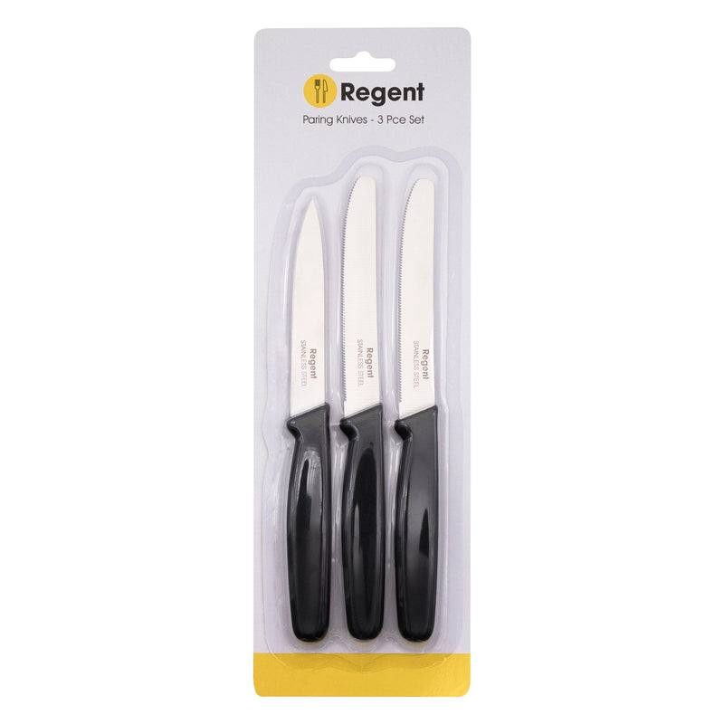 REGENT KITCHEN PARING KNIVES WITH BLACK HANDLES 3 PIECE SET, (204/207X20X10MM)