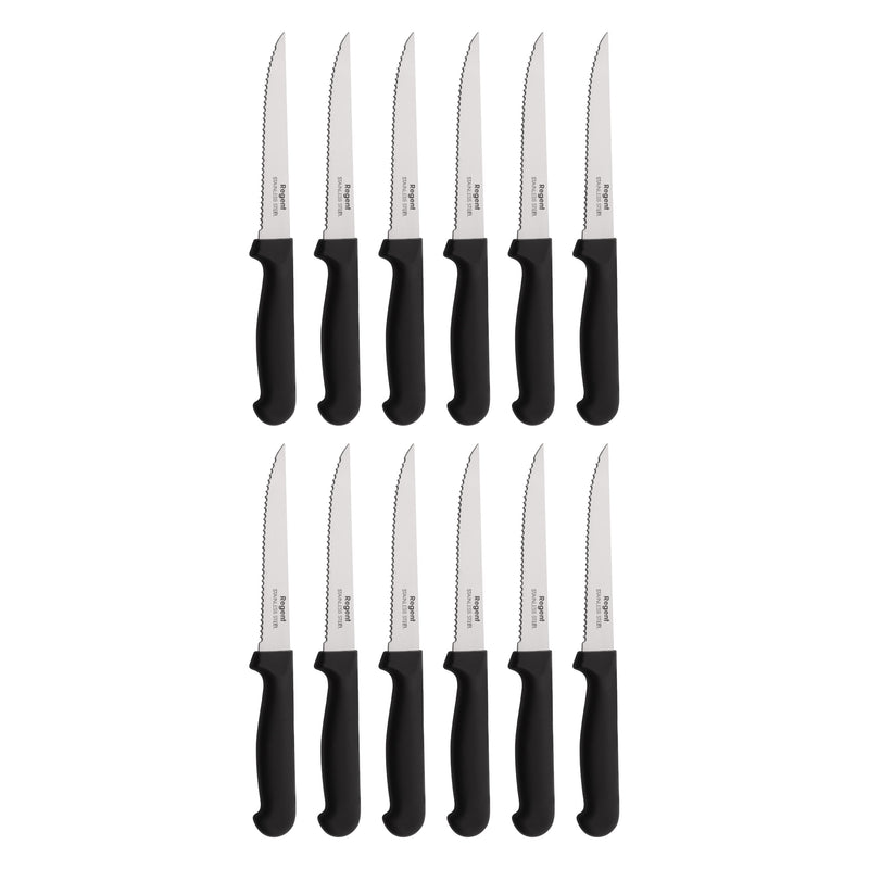 REGENT CUTLERY STEAK KNIFE WITH SHARP TIP WITH PP BLACK HANDLE 1 DOZ, (210X25X12MM)