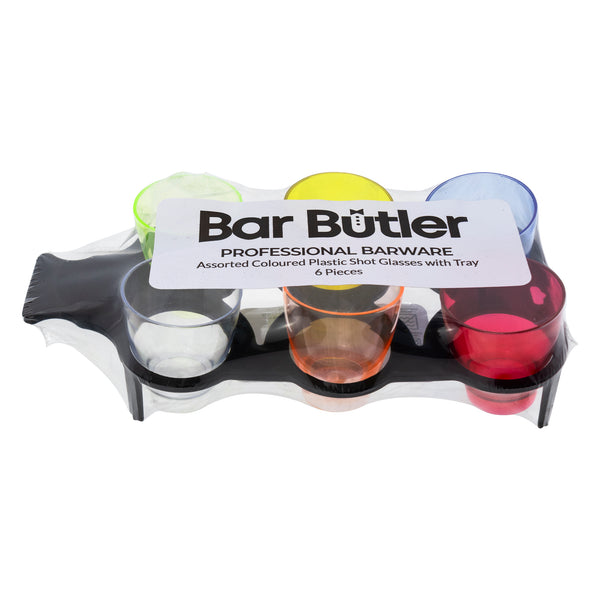 BAR BUTLER ASST. COLOURED PLASTIC SHOT GLASSES ON A BLACK TRAY 6 PACK, 25ML (180X85X45MM)