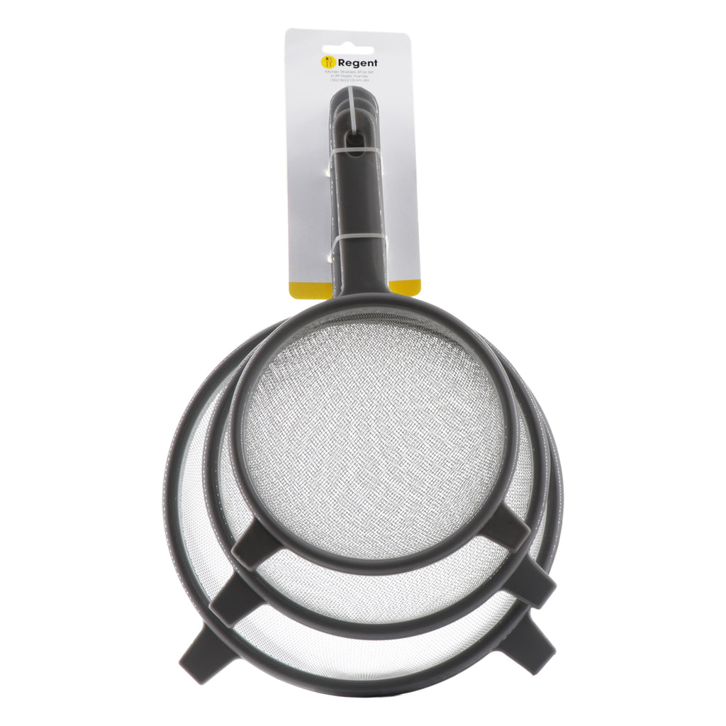 REGENT KITCHEN STRAINERS ST STEEL WITH PP PLASTIC FRAME GREY 3 PIECE SET, (150/180/210MM DIA)