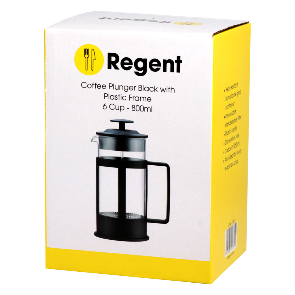 REGENT COFFEE PLUNGER BLACK WITH PLASTIC FRAME 6/8 CUP, (800ML)