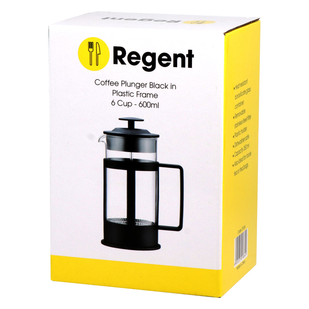 REGENT COFFEE PLUNGER BLACK WITH PLASTIC FRAME 6 CUP, (600ML)