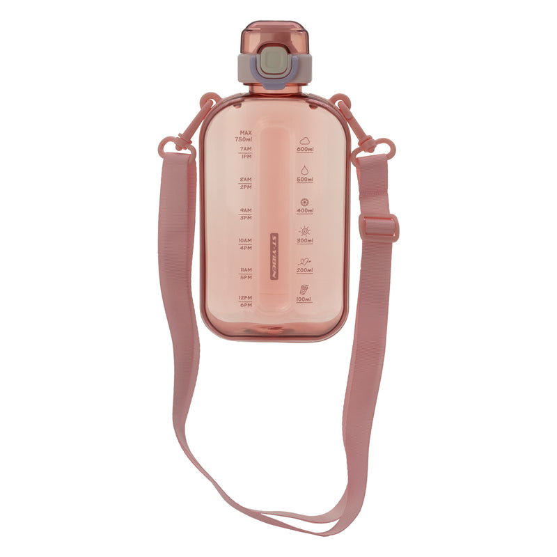 REGENT RECTANGULAR TRANSPARENT WATER BOTTLE PLASTIC WITH STRAP PINK, 750ML (100X55X210MM)