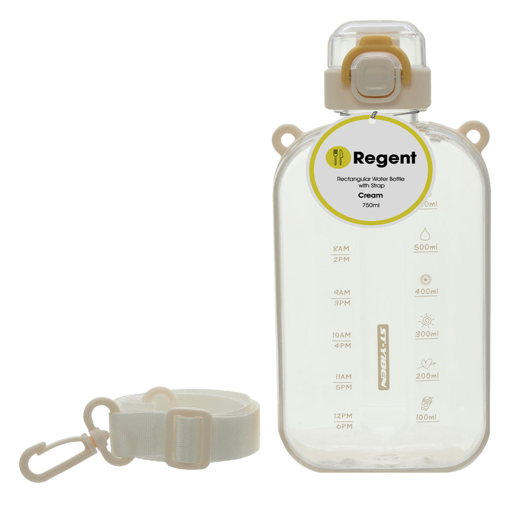 REGENT RECTANGULAR TRANSPARENT WATER BOTTLE PLASTIC WITH STRAP CREAM, 750ML (100X55X210MM)