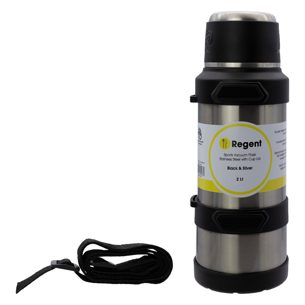 REGENT LARGE VACUUM FLASK STAINLESS STEEL WITH CUP LID SILVER & BLACK, 2LT (120MMDIAX330MM)