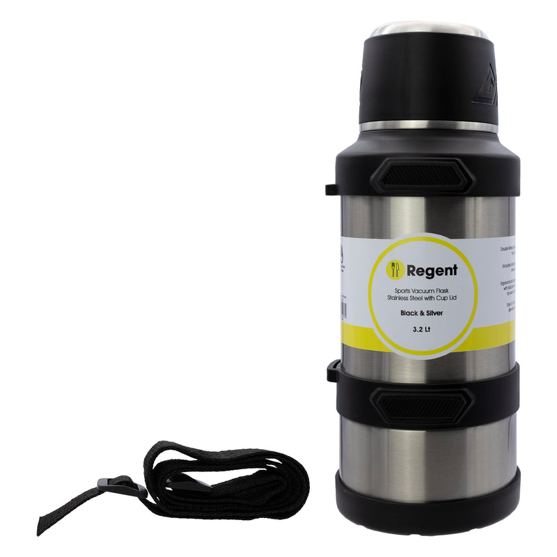 REGENT LARGE VACUUM FLASK STAINLESS STEEL WITH CUP LID SILVER & BLACK, 3.2LT (150MM DIAX375MM)