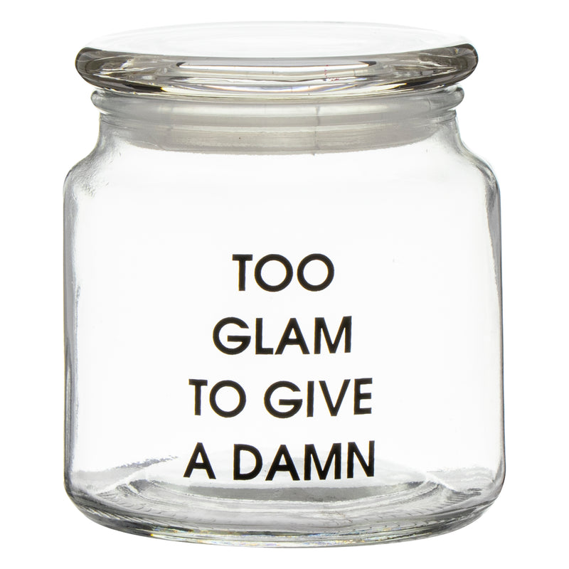 REGENT GLASS ROUND GLASS JAR WITH GLASS LID PRINTED - TOO GLAM, 550ML (100MM DIAX110MM)