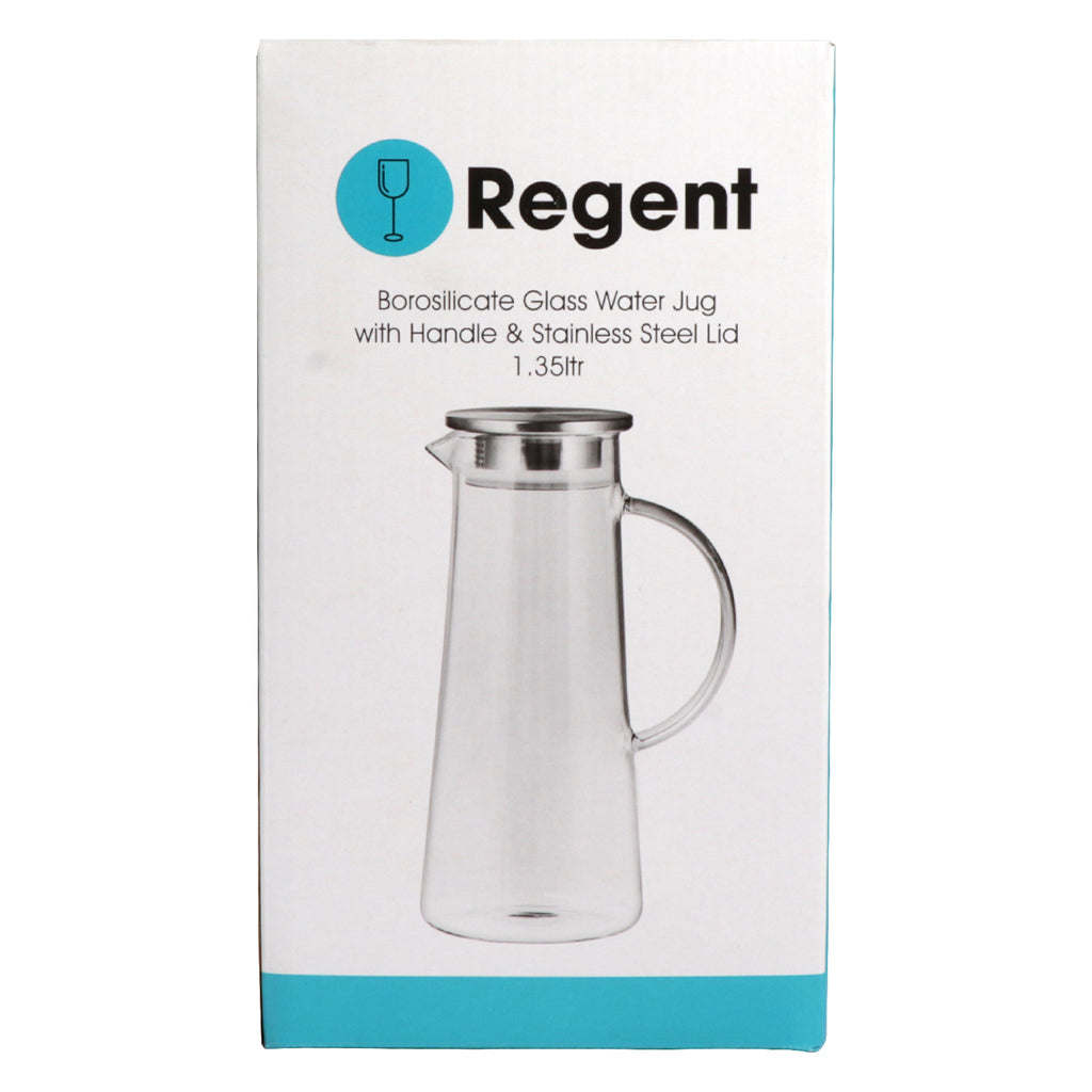 REGENT BOROSILICATE GLASS WATER JUG WITH HANDLE AND ST STEEL LID, 1.35LT (285X170X120MM DIA)