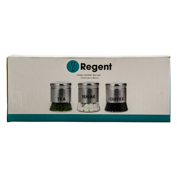 REGENT ROUND GLASS CANISTERS WITH ST.STEEL COVERS 3 PIECE SET, 750ML (140X120MM DIA)