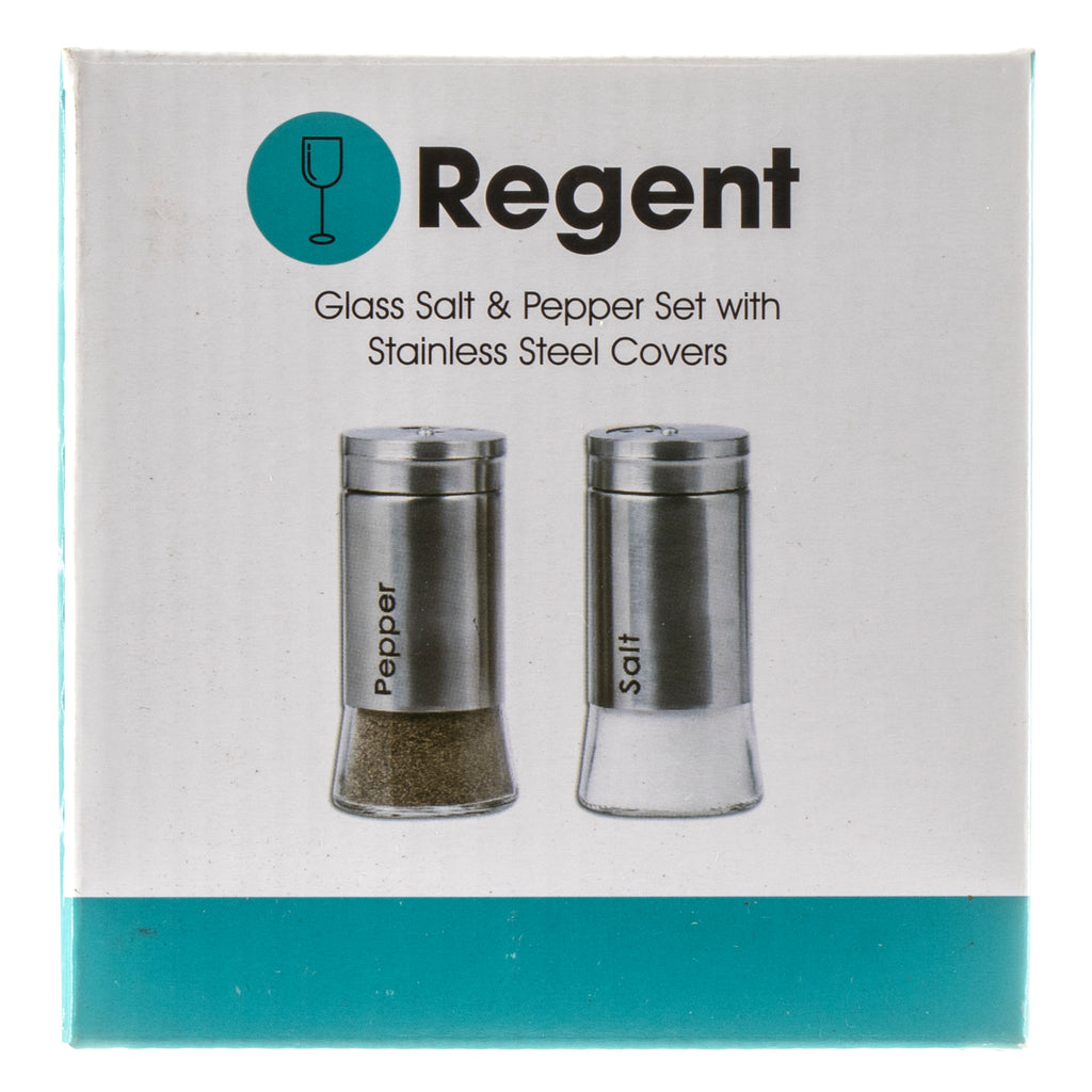 REGENT GLASS SALT & PEPPER SHAKERS WITH ST.STEEL COVERS 2 PIECE SET, 125ML (53MM DIAX110MM)