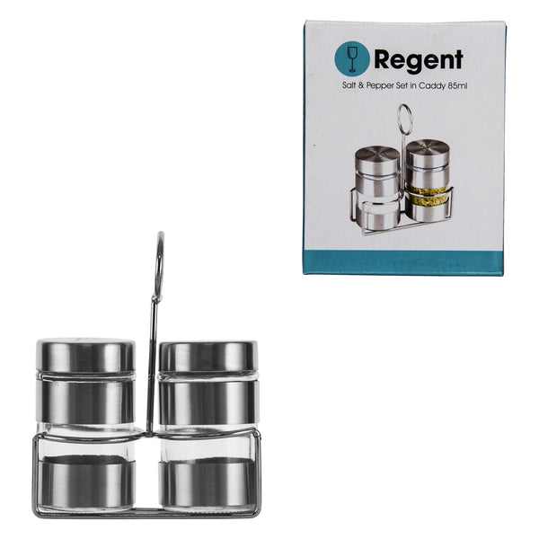 REGENT GLASS SALT & PEPPER SET WITH ST STEEL COVERS WITH STAND 3 PIECES, 85ML (140X107X56MM)