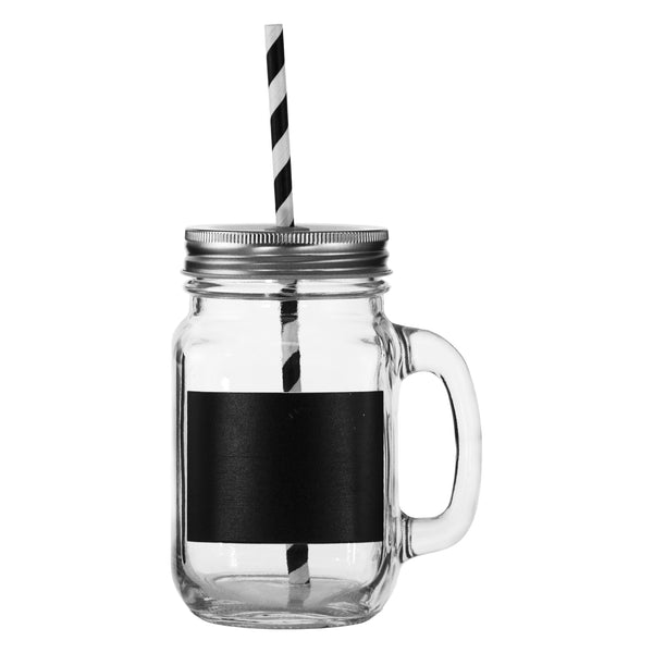 REGENT GLASS MASON JAR MUG WITH BLACK NOTES, LID & STRAW, 450ML (135X78X105MM)
