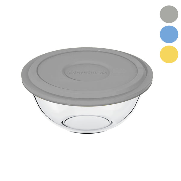 MARINEX GLASS MIXING BOWL WITH COLOURED PLASTIC LID, 1.5LT (94X210MM DIA)