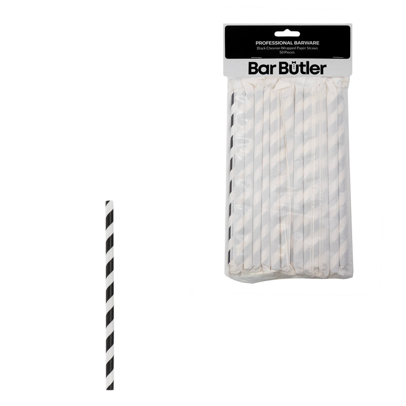 BAR BUTLER PAPER STRAWS BLACK & WHITE CHEVRON 50 X 3 PLY 8MM WRAPPED + 1 UNWRAPPED, 51PCS