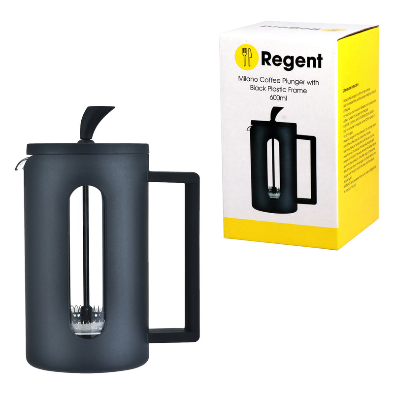 REGENT MILANO COFFEE PLUNGER WITH BLACK PLASTIC FRAME 6 CUP, (600ML)