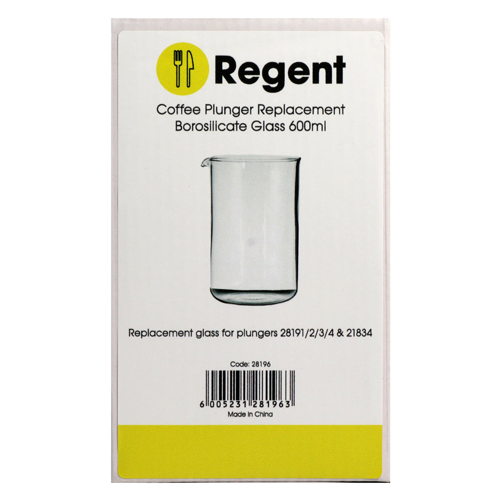 REGENT COFFEE PLUNGER REPLACEMENT GLASS BOROSILICATE, (600ML) FOR 21834, 28191, 28192, 28193, 28194