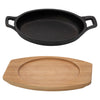 REGENT COOKWARE CAST IRON OVAL PAN WITH 2 HANDLES ON A WOODEN BOARD, (225X120X55MM)