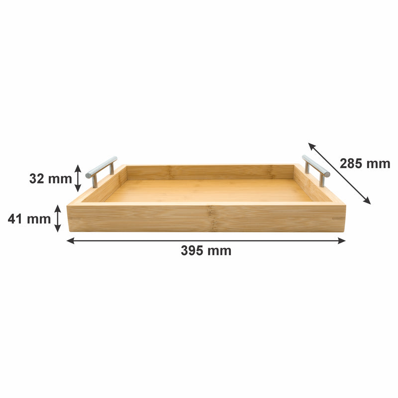 REGENT BAMBOO RECTANGULAR TRAY WITH ST STEEL HANDLES, (395X285X73MM)