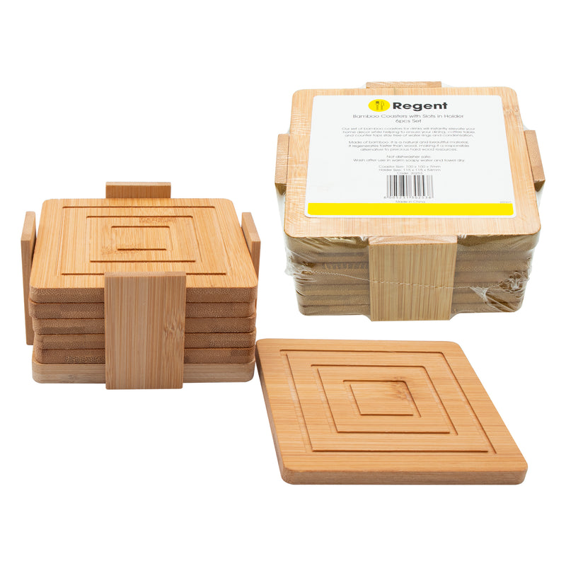 REGENT 6PC BAMBOO SQUARE COASTERS IN HOLDER SET, (115X115x56MM SET)