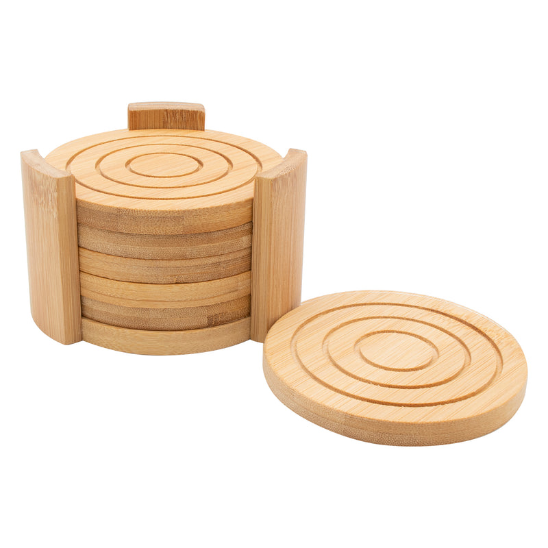 REGENT 6PC BAMBOO ROUND COASTERS HOLDER SET, (100MM DIAX10MM - 115 DIA X70MM SET)