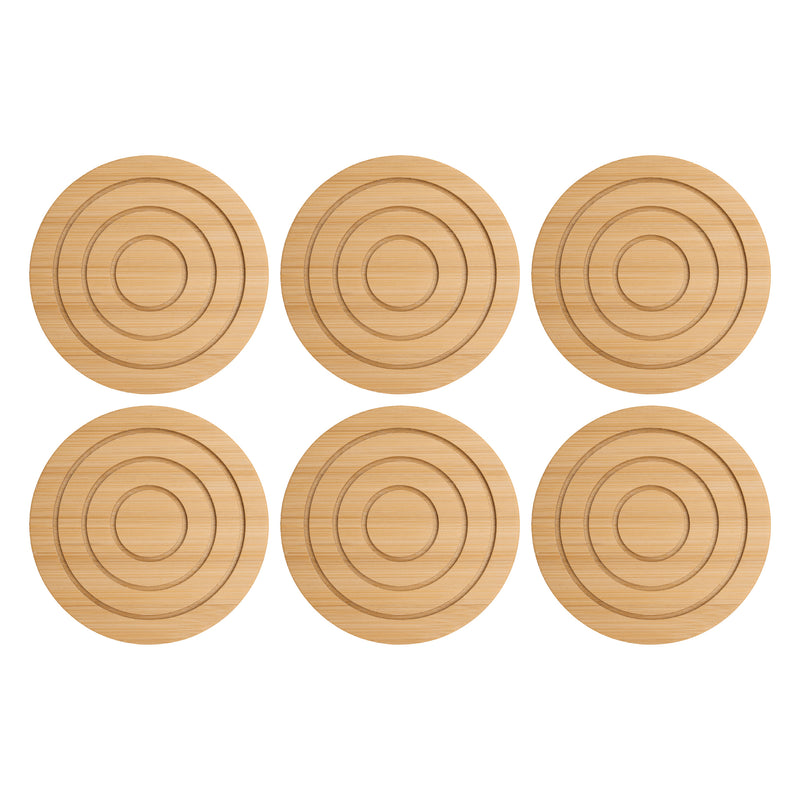 REGENT 6PC BAMBOO ROUND COASTERS HOLDER SET, (100MM DIAX10MM - 115 DIA X70MM SET)