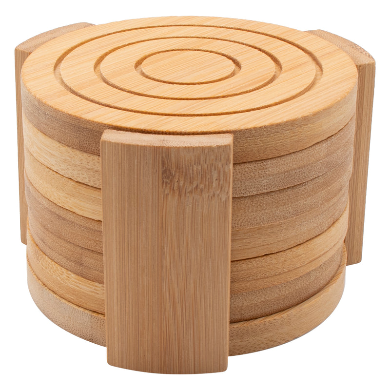 REGENT 6PC BAMBOO ROUND COASTERS HOLDER SET, (100MM DIAX10MM - 115 DIA X70MM SET)