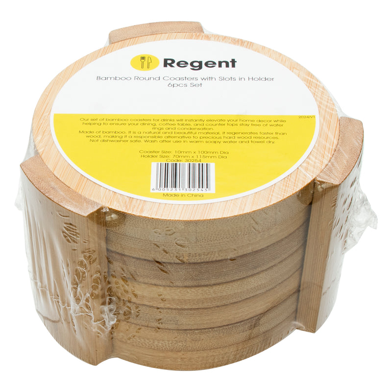 REGENT 6PC BAMBOO ROUND COASTERS HOLDER SET, (100MM DIAX10MM - 115 DIA X70MM SET)