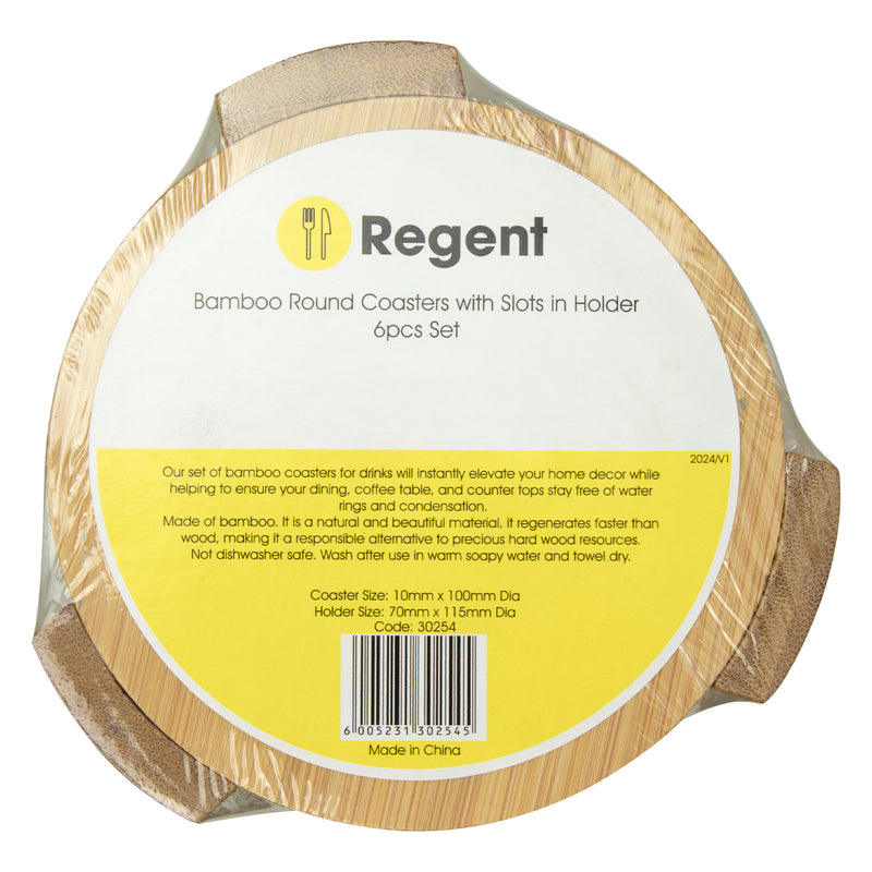 REGENT 6PC BAMBOO ROUND COASTERS HOLDER SET, (100MM DIAX10MM - 115 DIA X70MM SET)