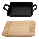 REGENT COOKWARE CAST IRON RECTANGULAR PAN WITH 2 HANDLES ON A WOODEN BOARD, (215X125X65MM)