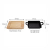 REGENT COOKWARE CAST IRON RECTANGULAR PAN WITH 2 HANDLES ON A WOODEN BOARD, (215X125X65MM)