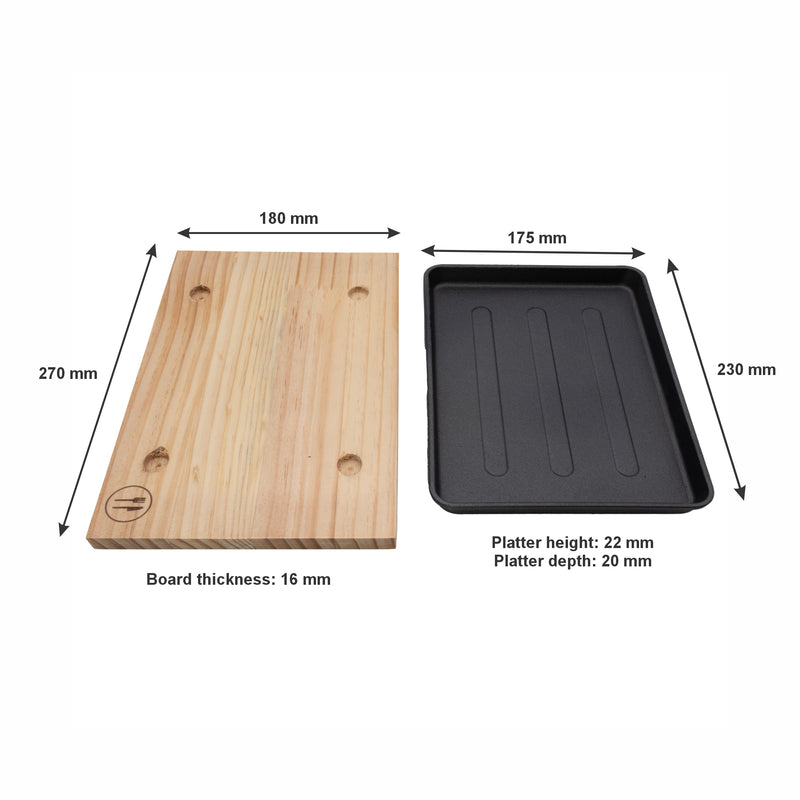 REGENT COOKWARE CAST IRON RECTANGULAR PLATTER ON A WOODEN BOARD, (270X180X35MM)