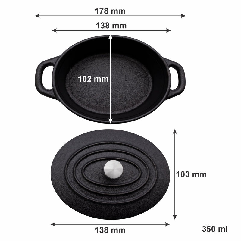 REGENT COOKWARE CAST IRON OVAL MINI POT WITH LID, 350ML (178/138X103X50MM)