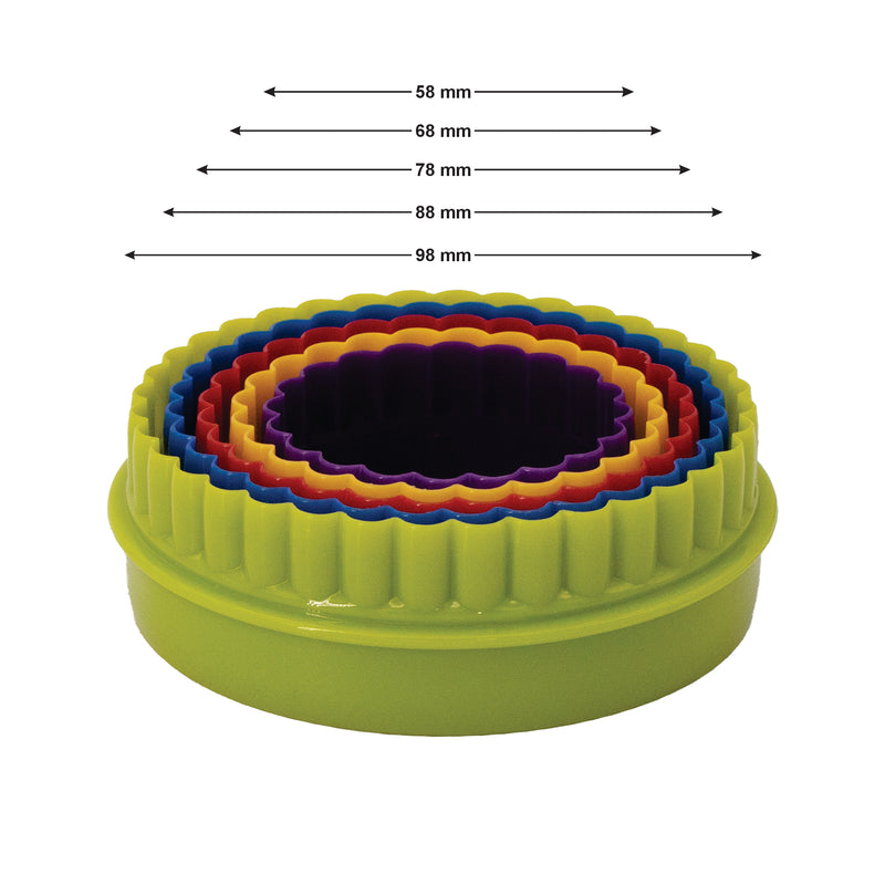 REGENT BAKEWARE COOKIE CUTTERS FLUTED/PLAIN NESTED IN 5 COLOURS PLASTIC, (98/88/78/68/58MM DIAX32MM)