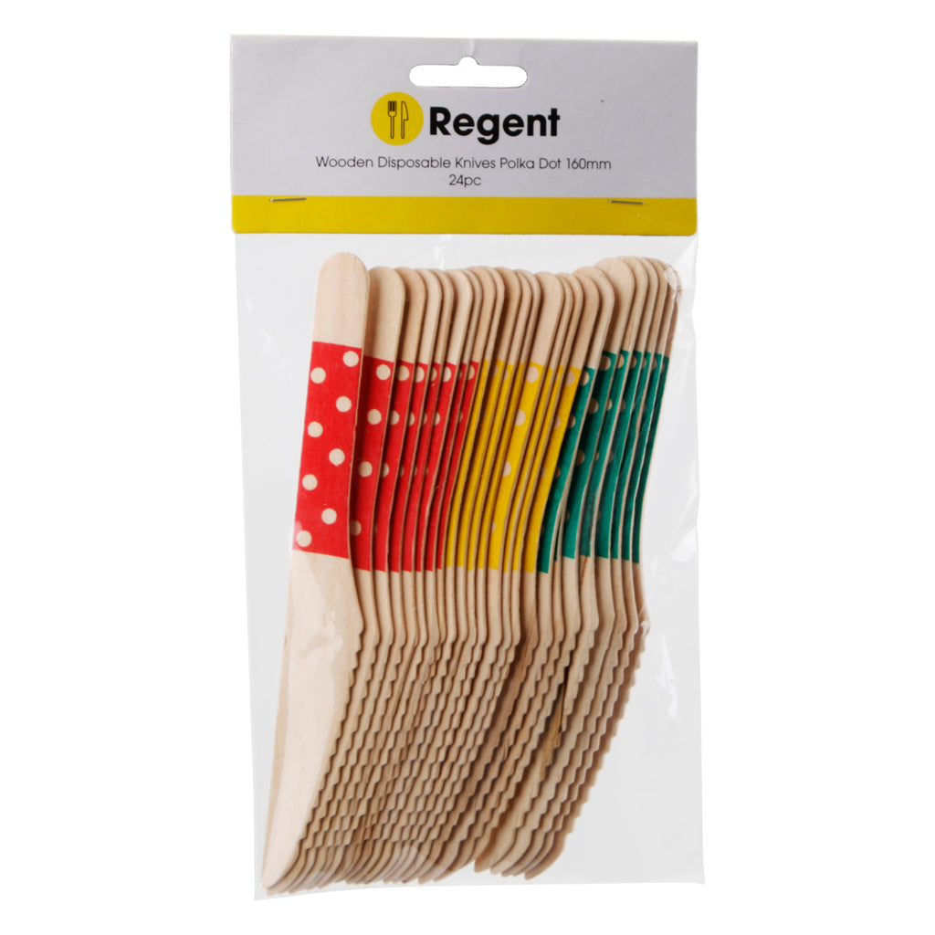 REGENT DISPOSABLE WOODEN KNIVES WITH COLOURED POLKA DOTS 24PCS, (160MM)