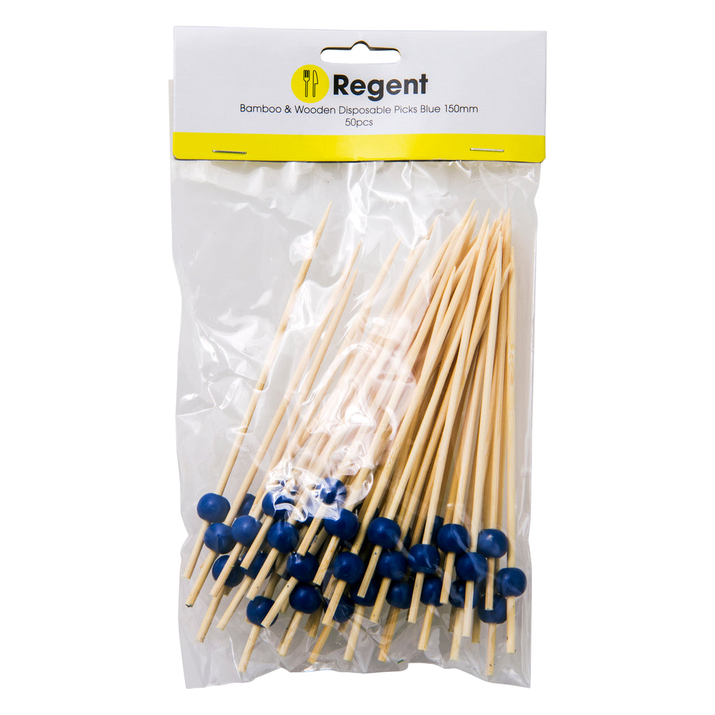 REGENT DISPOSABLE BAMBOO FOOD PICKS WITH BLUE BEADS 50PCS, (150MM)