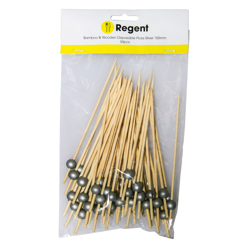 REGENT DISPOSABLE BAMBOO PICKS WITH SILVER BEADS 50PCS, (150MM)