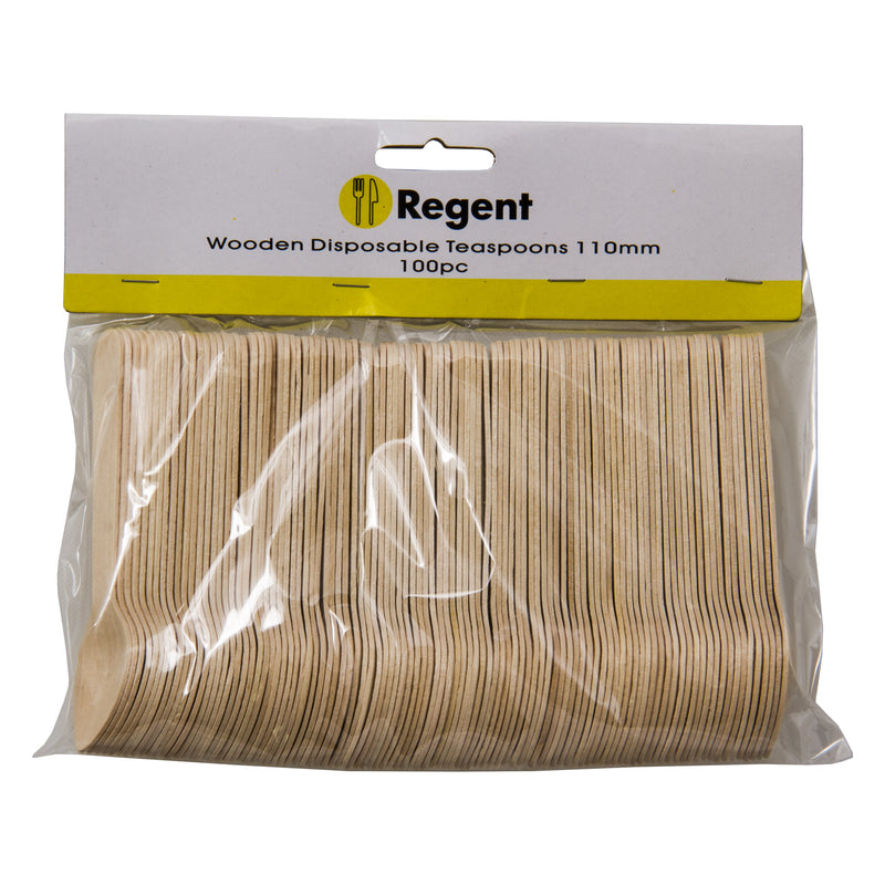 REGENT DISPOSABLE WOODEN TEASPOONS 100PCS, (110X23MM)