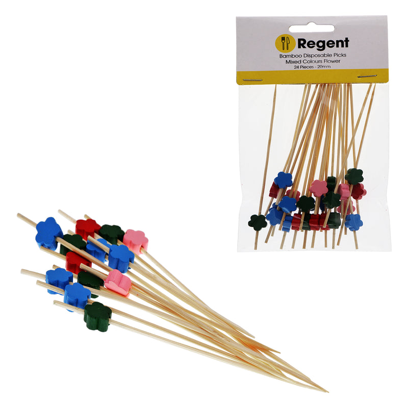 REGENT DISPOSABLE BAMBOO PICKS MIXED RED, BLUE, PINK & BLACK FLOWERS 24PCS, (120MM)