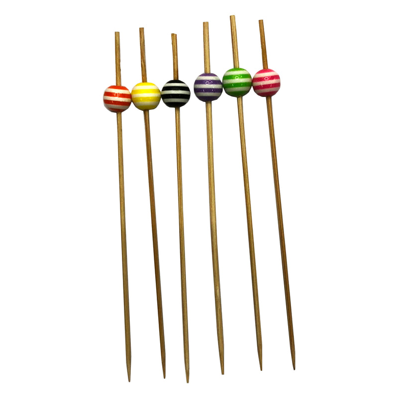 REGENT DISPOSABLE BAMBOO FOOD PICKS WITH MIXED COLOURED STRIPED BEADS 24PCS, (120MM)