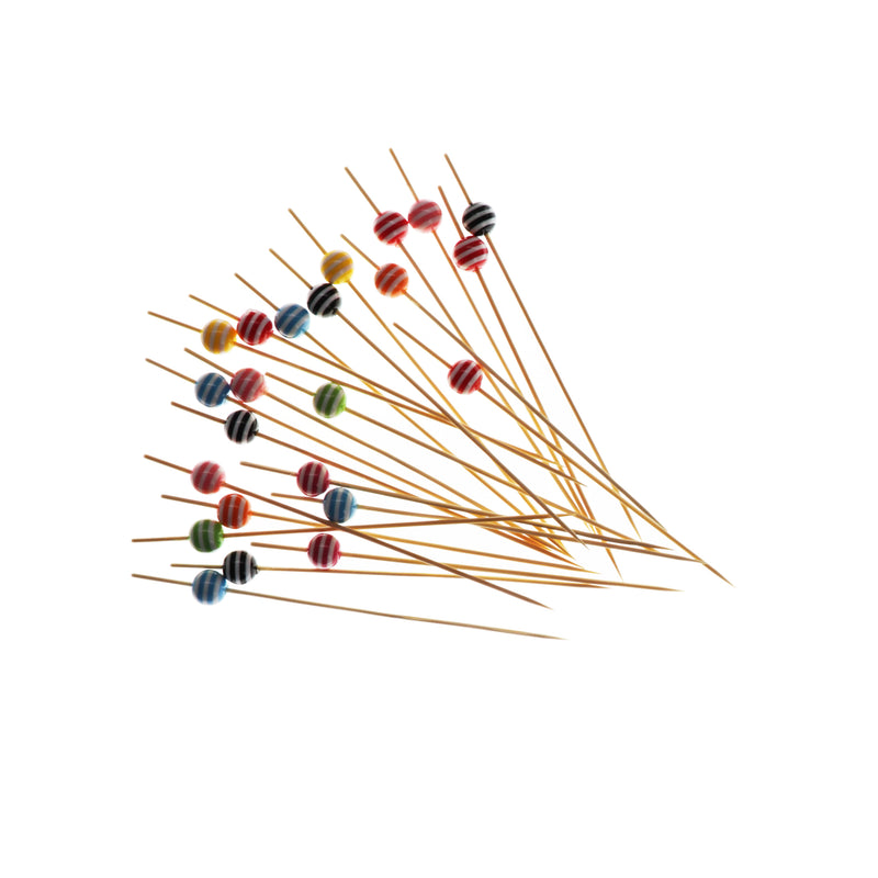 REGENT DISPOSABLE BAMBOO FOOD PICKS WITH MIXED COLOURED STRIPED BEADS 24PCS, (120MM)