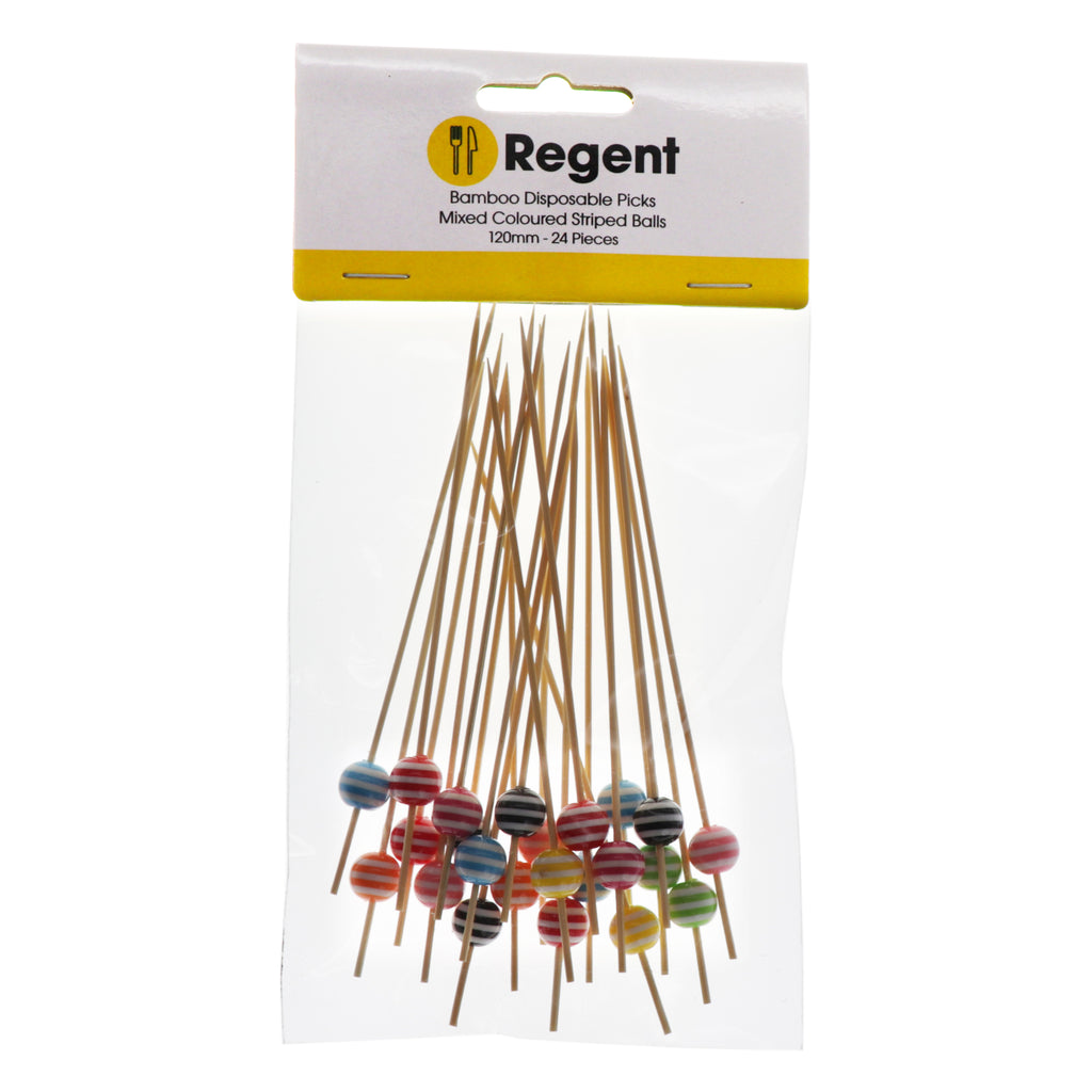 REGENT DISPOSABLE BAMBOO FOOD PICKS WITH MIXED COLOURED STRIPED BEADS 24PCS, (120MM)