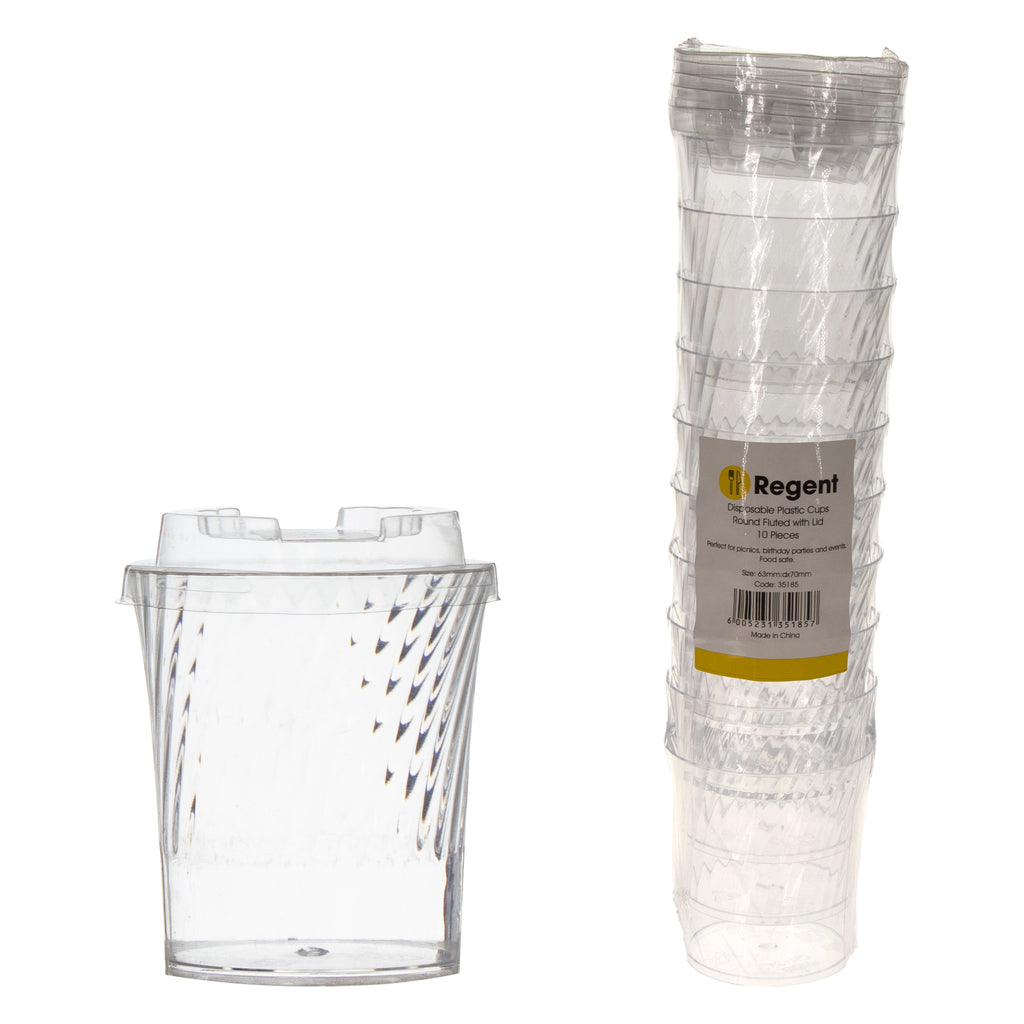 REGENT DISPOSABLE PLASTIC CUPS ROUND FLUTED WITH LIDS 10SETS, 145ML (63MM DIAX80MM)