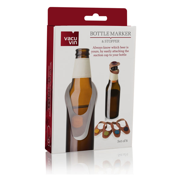 VACU VIN BEER BOTTLE MARKER & STOPPER LEATHER SET OF 6