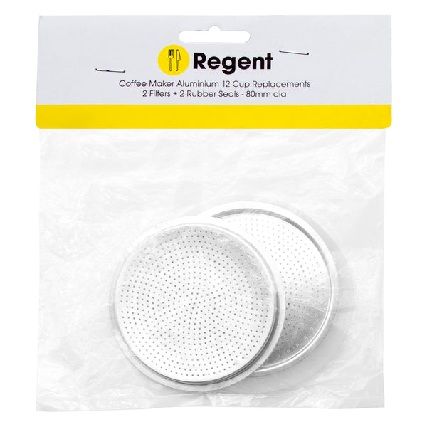 REGENT COFFEE MAKER ALUMINIUM 12 CUP REPLACEMENT FILTERS(2) & RUBBER SEALS(2) 4 PCE SET, (80MM DIA)